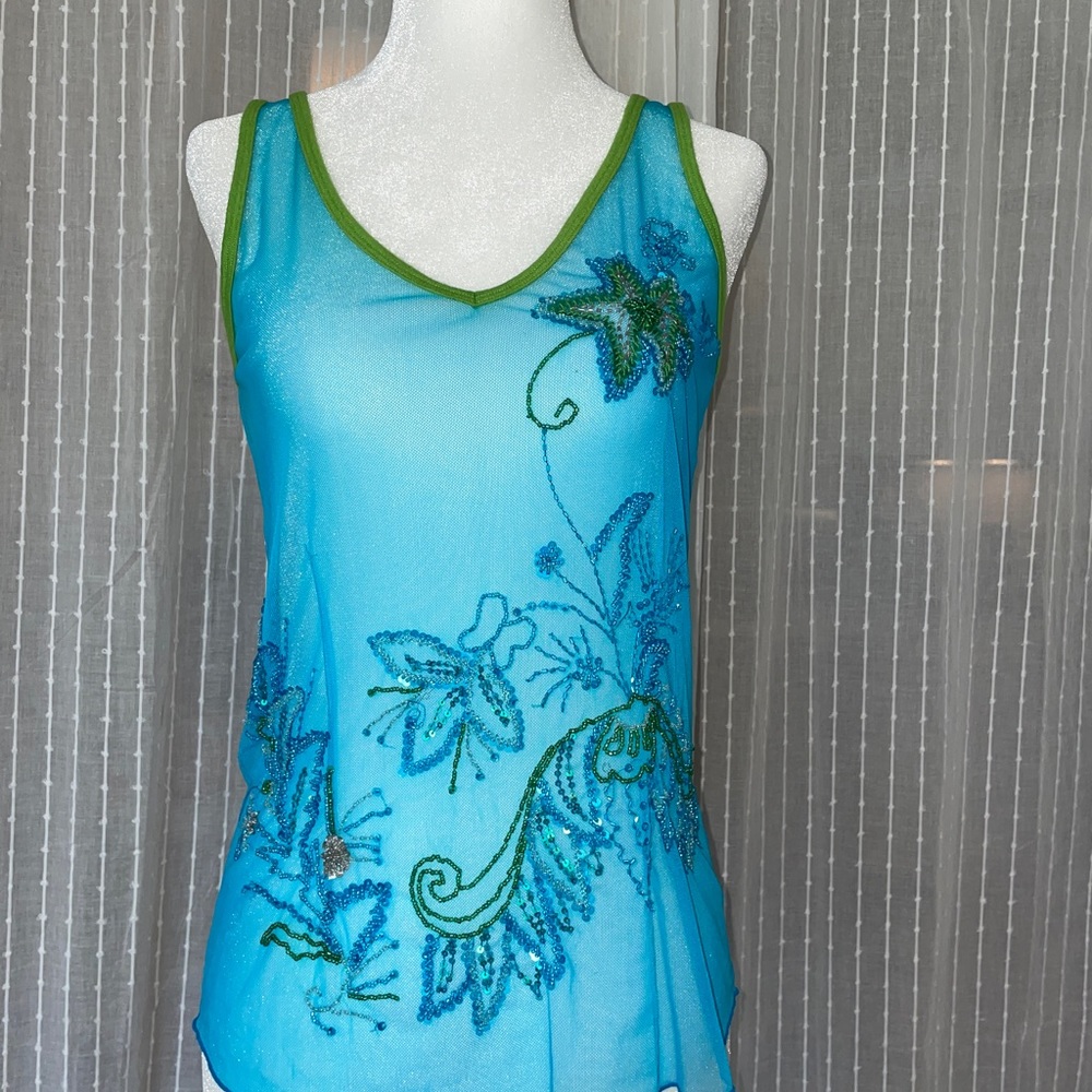 Sleeveless Tank Top Aqua Blue  Green Trim with Sequin beadwork. Comfort Stretch